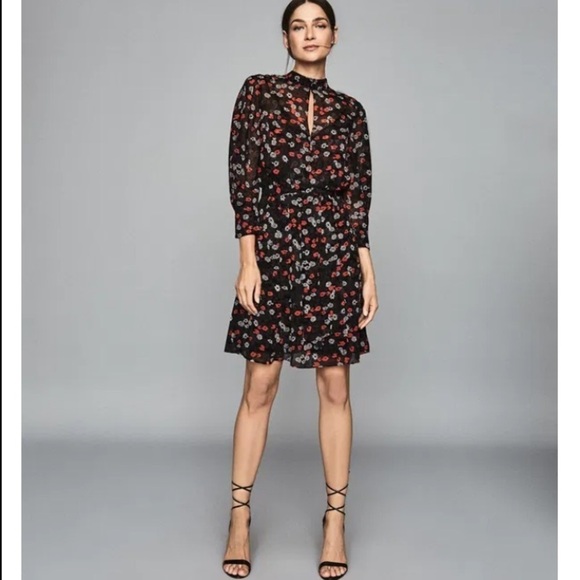 REISS Ladies Red Mix Ditsy Floral PEONY Sheer Lined Tie Waisted Party Dress US8 - Picture 1 of 16